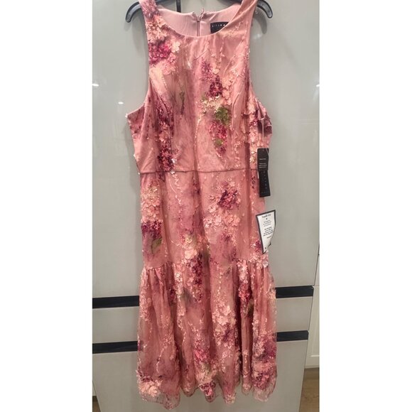Aidan Mattox By Adrianna Papell Pink Floral Embroidered Midi Dress Size 16 Made - Picture 2 of 7